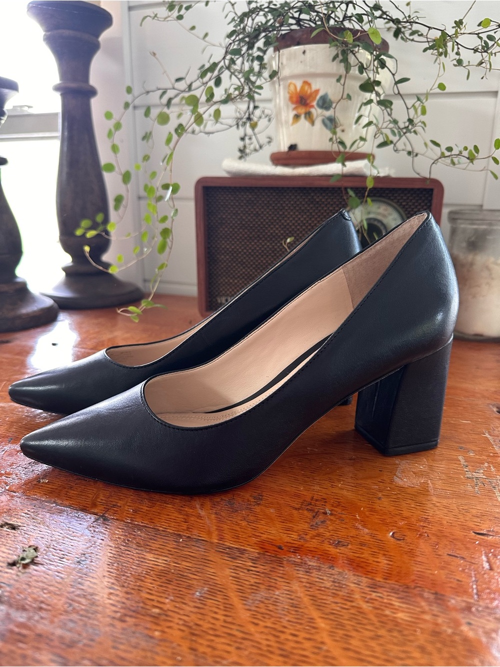 Marc Fisher Black Pointed-Toe Block Heel Pumps